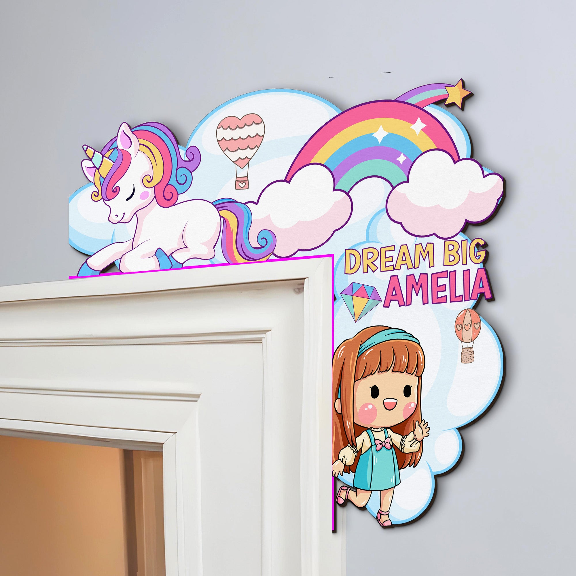 PERSONALIZED Wooden Door Corner | CUSTOM Door Topper Name Plate for KIDS | Single/Double Layer | 10” & 15” Sizes | Unicorn