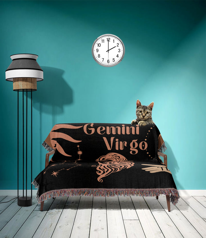 Virgo and Gemini Zodiac Compatibility Woven Throw Tapestry - Elevate home decor with this boho-inspired, celestial charm blanket. Perfect for astrology enthusiasts, featuring Virgo and Gemini sun signs, adding unique, artistic flair to your living space. Premium cotton, cozy, and decorative.