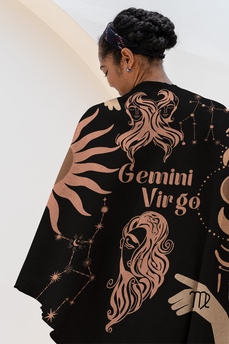 Virgo and Gemini Zodiac Compatibility Woven Throw Tapestry - Elevate home decor with this boho-inspired, celestial charm blanket. Perfect for astrology enthusiasts, featuring Virgo and Gemini sun signs, adding unique, artistic flair to your living space. Premium cotton, cozy, and decorative.