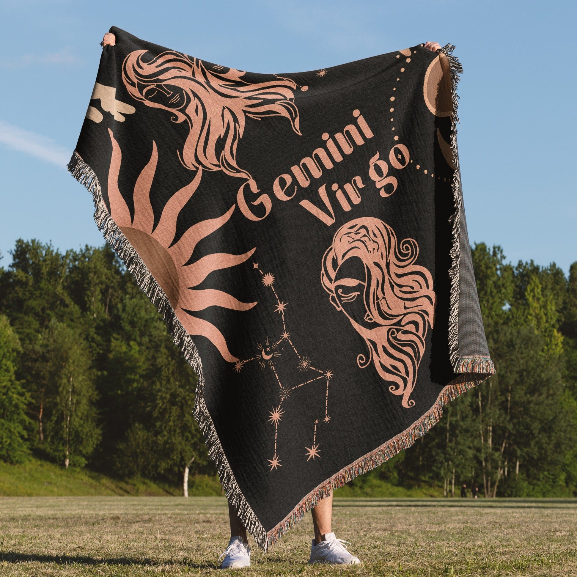 Virgo and Gemini Zodiac Compatibility Woven Throw Tapestry - Elevate home decor with this boho-inspired, celestial charm blanket. Perfect for astrology enthusiasts, featuring Virgo and Gemini sun signs, adding unique, artistic flair to your living space. Premium cotton, cozy, and decorative.