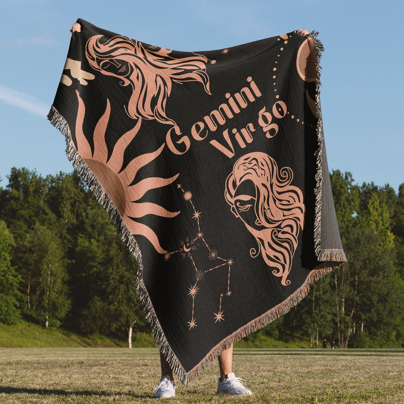 Virgo and Gemini Zodiac Compatibility Woven Throw Tapestry - Elevate home decor with this boho-inspired, celestial charm blanket. Perfect for astrology enthusiasts, featuring Virgo and Gemini sun signs, adding unique, artistic flair to your living space. Premium cotton, cozy, and decorative.