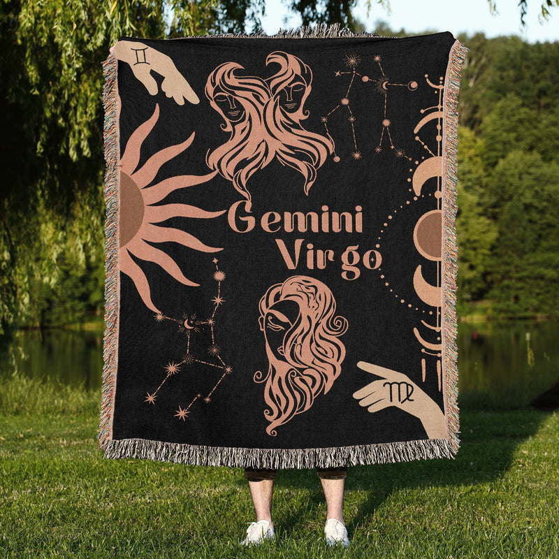 Virgo and Gemini Zodiac Compatibility Woven Throw Tapestry - Elevate home decor with this boho-inspired, celestial charm blanket. Perfect for astrology enthusiasts, featuring Virgo and Gemini sun signs, adding unique, artistic flair to your living space. Premium cotton, cozy, and decorative.