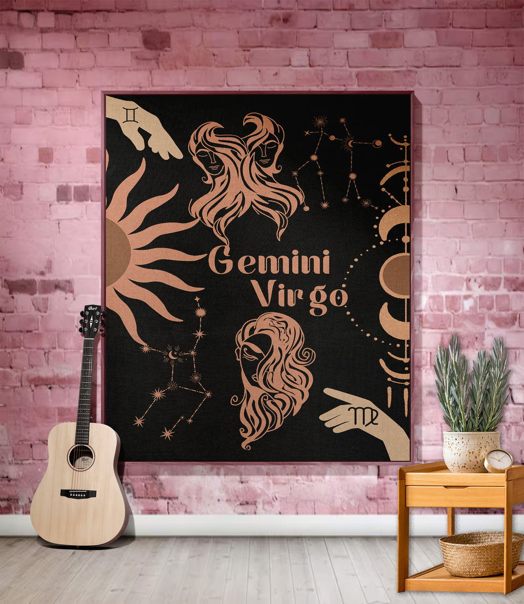 Virgo and Gemini Zodiac Compatibility Woven Throw Tapestry - Elevate home decor with this boho-inspired, celestial charm blanket. Perfect for astrology enthusiasts, featuring Virgo and Gemini sun signs, adding unique, artistic flair to your living space. Premium cotton, cozy, and decorative.
