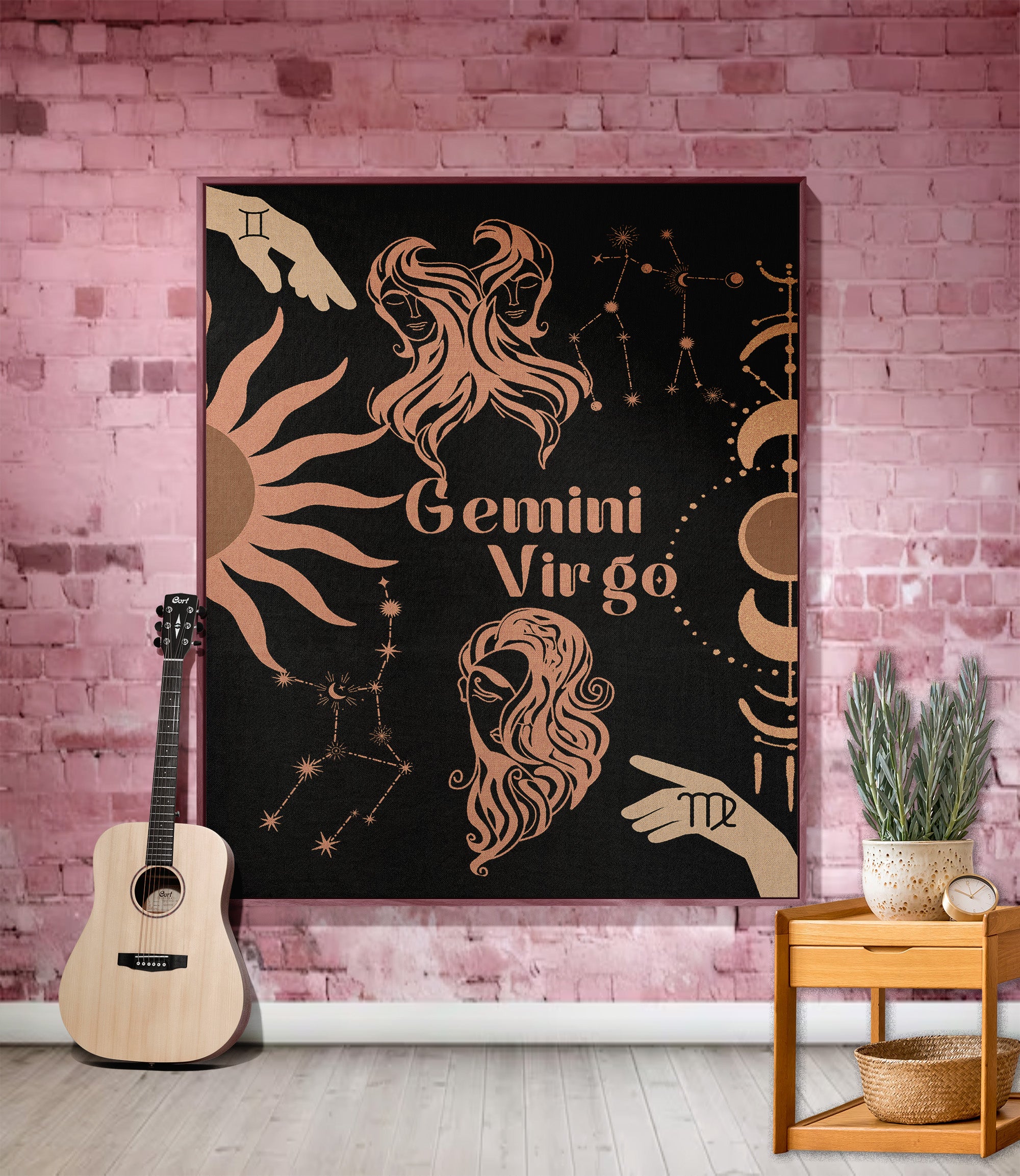 Virgo and Gemini Zodiac Compatibility Woven Throw Tapestry - Elevate home decor with this boho-inspired, celestial charm blanket. Perfect for astrology enthusiasts, featuring Virgo and Gemini sun signs, adding unique, artistic flair to your living space. Premium cotton, cozy, and decorative.