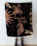 Virgo and Gemini Zodiac Compatibility Woven Throw Tapestry - Elevate home decor with this boho-inspired, celestial charm blanket. Perfect for astrology enthusiasts, featuring Virgo and Gemini sun signs, adding unique, artistic flair to your living space. Premium cotton, cozy, and decorative.