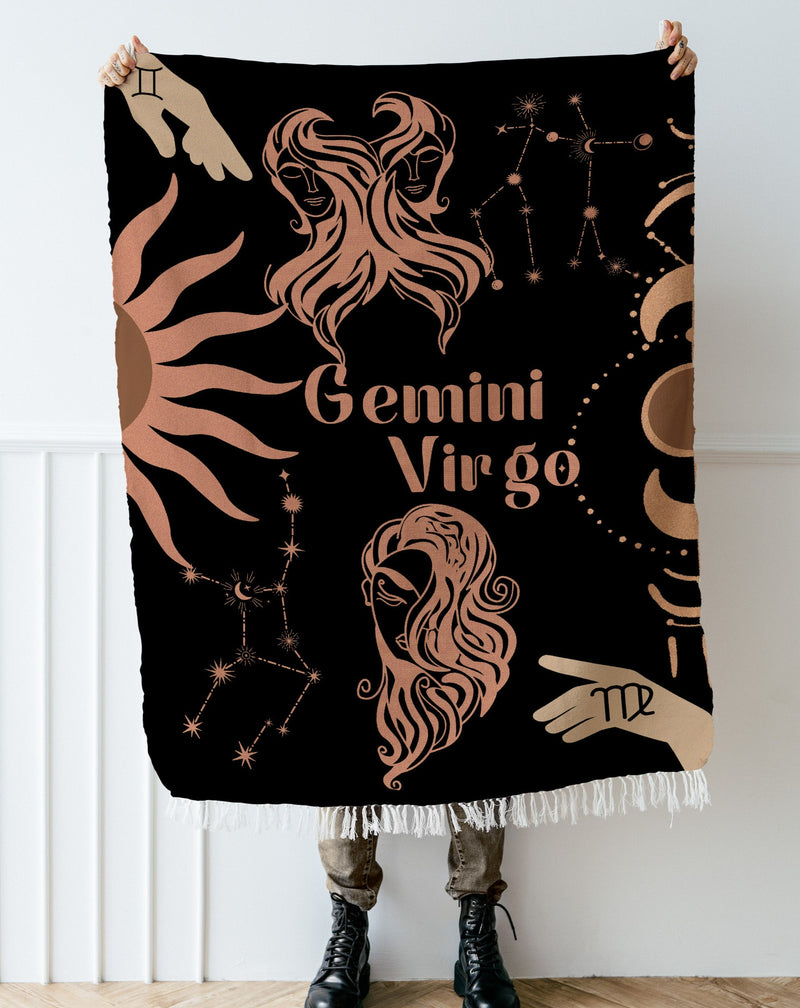 Virgo and Gemini Zodiac Compatibility Woven Throw Tapestry - Elevate home decor with this boho-inspired, celestial charm blanket. Perfect for astrology enthusiasts, featuring Virgo and Gemini sun signs, adding unique, artistic flair to your living space. Premium cotton, cozy, and decorative.