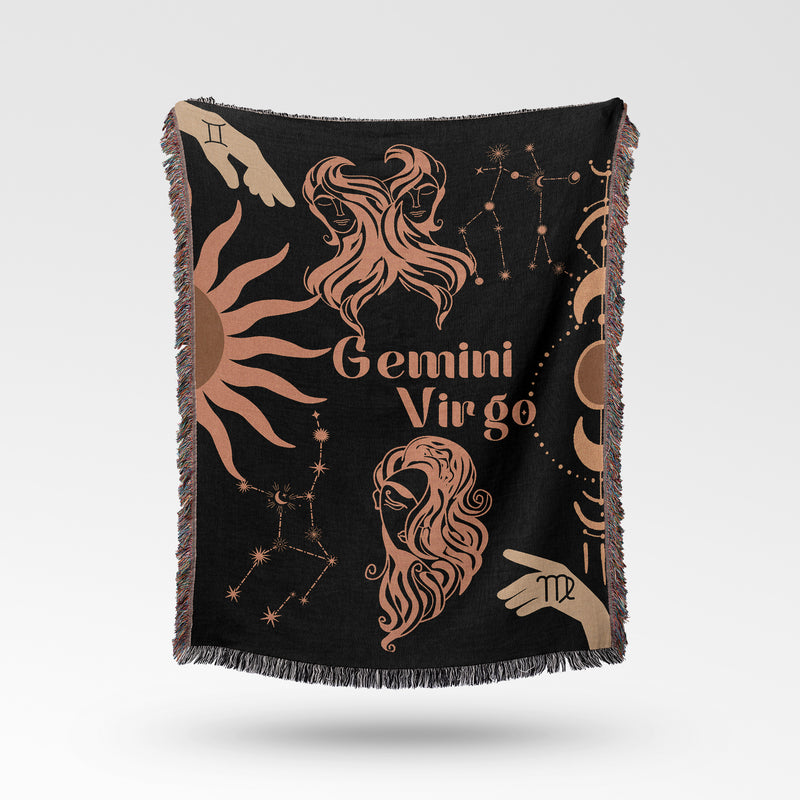 Zodiac Compatibility Match Woven Tapestry Throw Blanket | Astrology-inspired Home Decor | Gemini & Virgo Horoscope