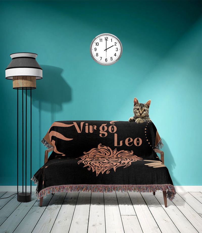 Virgo and Leo Zodiac Compatibility Woven Throw Tapestry - Elevate home decor with this boho-inspired, celestial charm blanket. Perfect for astrology enthusiasts, featuring Virgo and Leo sun signs, adding unique, artistic flair to your living space. Premium cotton, cozy, and decorative.