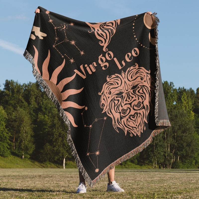 Virgo and Leo Zodiac Compatibility Woven Throw Tapestry - Elevate home decor with this boho-inspired, celestial charm blanket. Perfect for astrology enthusiasts, featuring Virgo and Leo sun signs, adding unique, artistic flair to your living space. Premium cotton, cozy, and decorative.