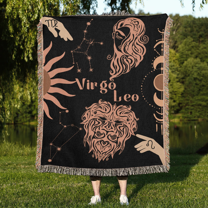 Virgo and Leo Zodiac Compatibility Woven Throw Tapestry - Elevate home decor with this boho-inspired, celestial charm blanket. Perfect for astrology enthusiasts, featuring Virgo and Leo sun signs, adding unique, artistic flair to your living space. Premium cotton, cozy, and decorative.