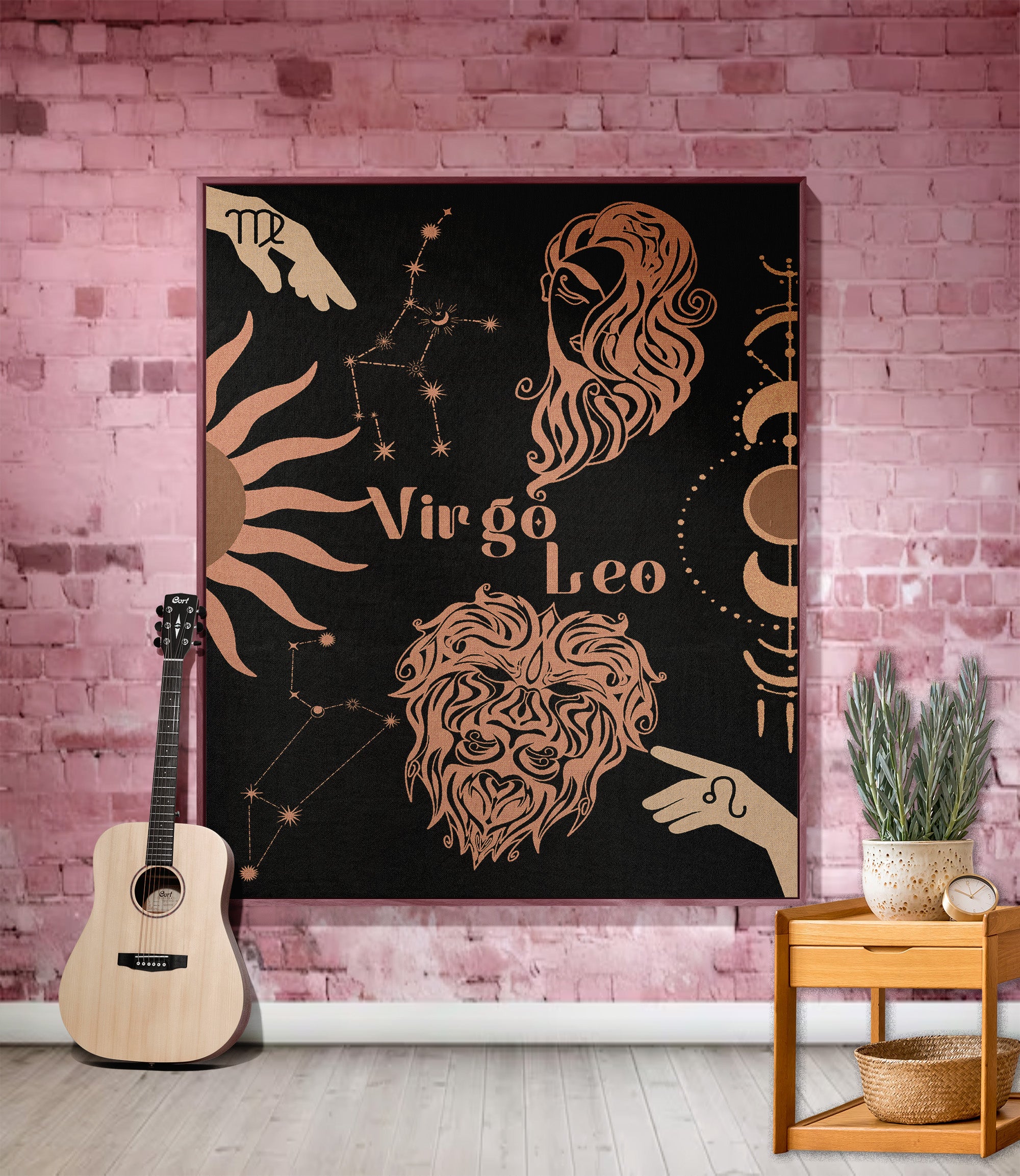 Virgo and Leo Zodiac Compatibility Woven Throw Tapestry - Elevate home decor with this boho-inspired, celestial charm blanket. Perfect for astrology enthusiasts, featuring Virgo and Leo sun signs, adding unique, artistic flair to your living space. Premium cotton, cozy, and decorative.