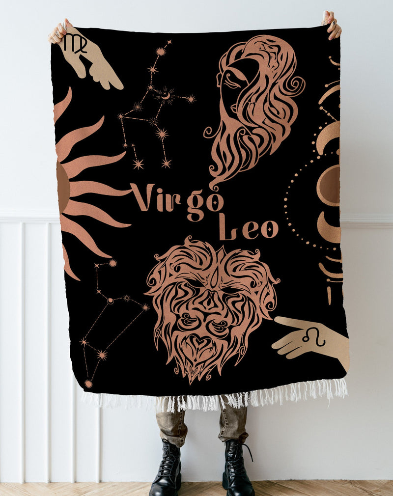 Virgo and Leo Zodiac Compatibility Woven Throw Tapestry - Elevate home decor with this boho-inspired, celestial charm blanket. Perfect for astrology enthusiasts, featuring Virgo and Leo sun signs, adding unique, artistic flair to your living space. Premium cotton, cozy, and decorative.