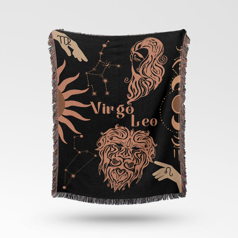 Virgo and Leo Zodiac Compatibility Woven Throw Tapestry - Elevate home decor with this boho-inspired, celestial charm blanket. Perfect for astrology enthusiasts, featuring Virgo and Leo sun signs, adding unique, artistic flair to your living space. Premium cotton, cozy, and decorative.