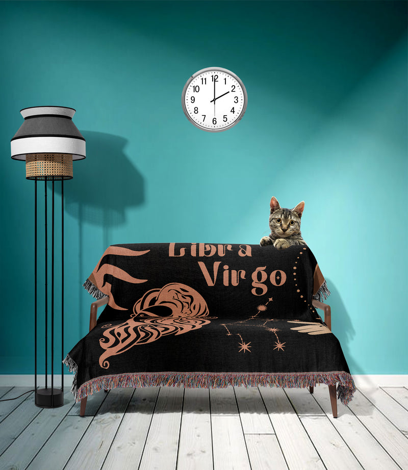 Virgo and Libra Zodiac Compatibility Woven Throw Tapestry - Elevate home decor with this boho-inspired, celestial charm blanket. Perfect for astrology enthusiasts, featuring Virgo and Libra sun signs, adding unique, artistic flair to your living space. Premium cotton, cozy, and decorative.