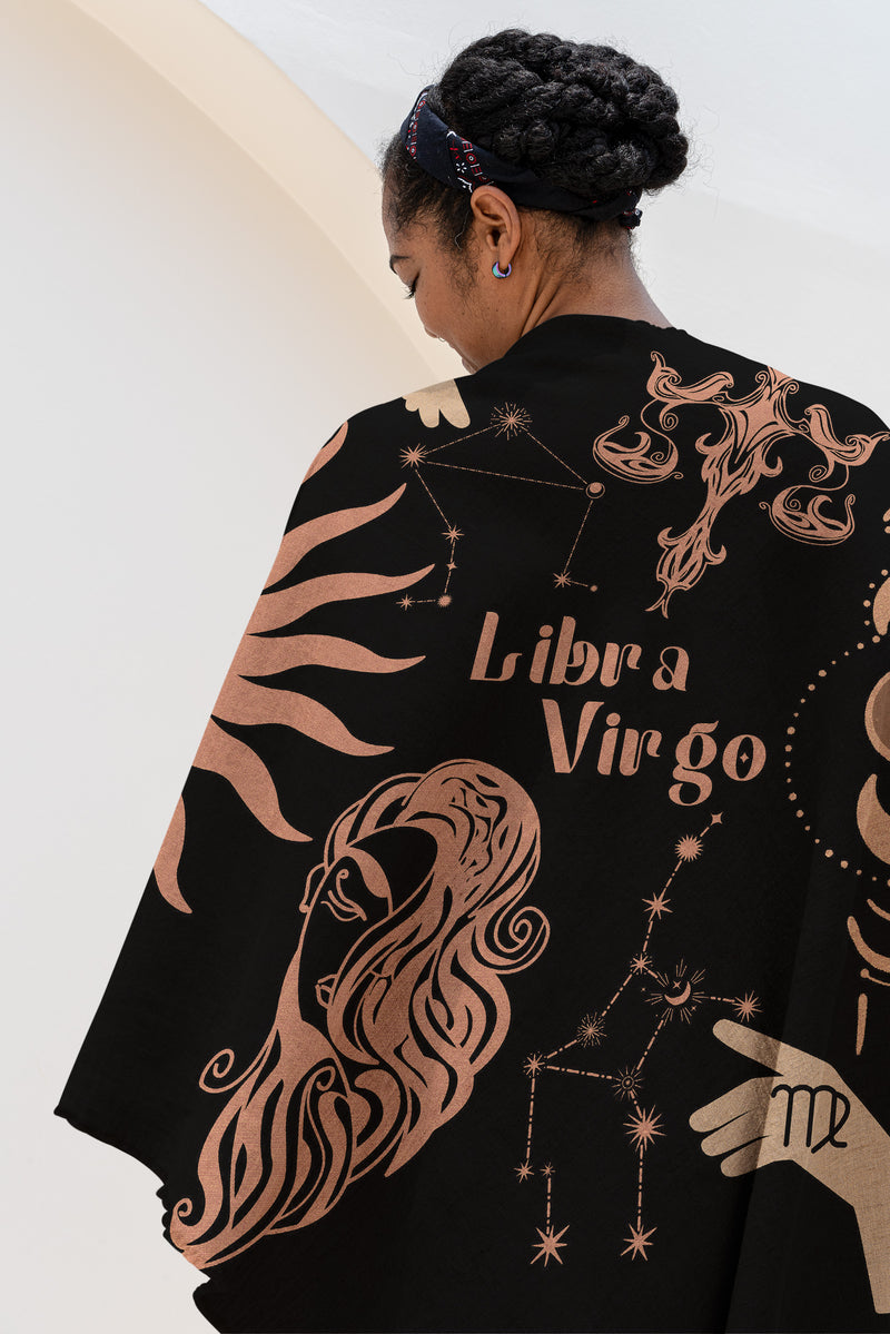 Virgo and Libra Zodiac Compatibility Woven Throw Tapestry - Elevate home decor with this boho-inspired, celestial charm blanket. Perfect for astrology enthusiasts, featuring Virgo and Libra sun signs, adding unique, artistic flair to your living space. Premium cotton, cozy, and decorative.