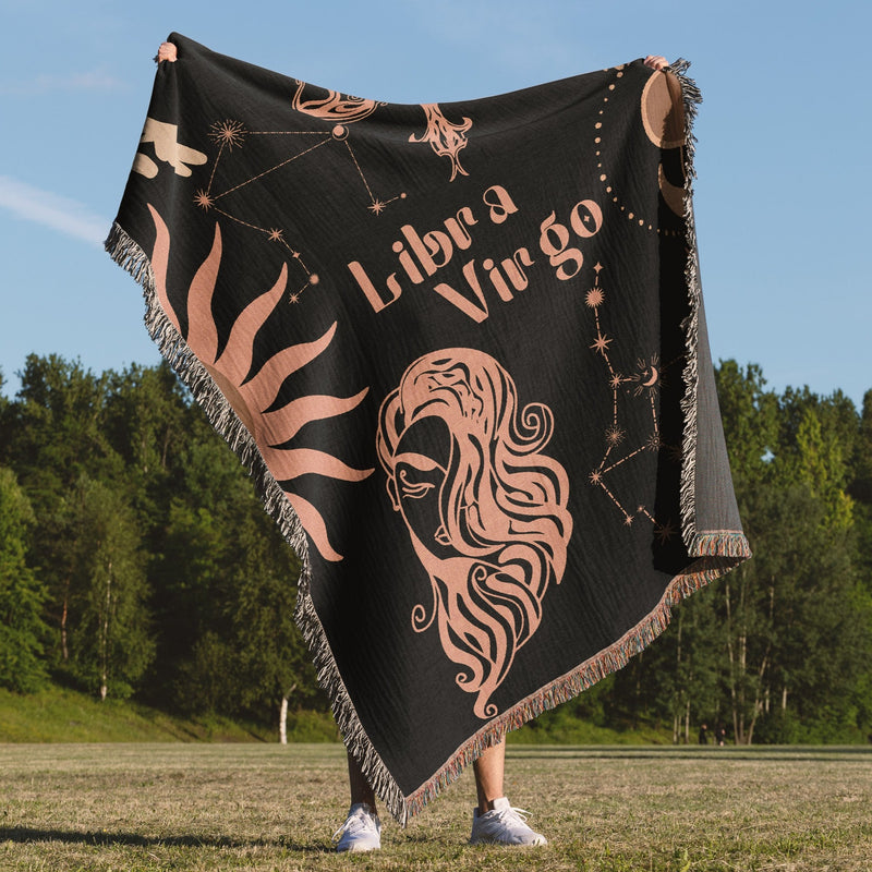 Virgo and Libra Zodiac Compatibility Woven Throw Tapestry - Elevate home decor with this boho-inspired, celestial charm blanket. Perfect for astrology enthusiasts, featuring Virgo and Libra sun signs, adding unique, artistic flair to your living space. Premium cotton, cozy, and decorative.