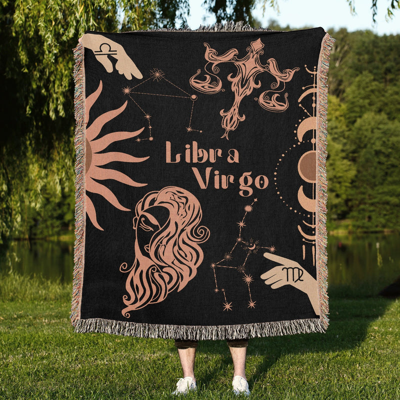 Virgo and Libra Zodiac Compatibility Woven Throw Tapestry - Elevate home decor with this boho-inspired, celestial charm blanket. Perfect for astrology enthusiasts, featuring Virgo and Libra sun signs, adding unique, artistic flair to your living space. Premium cotton, cozy, and decorative.