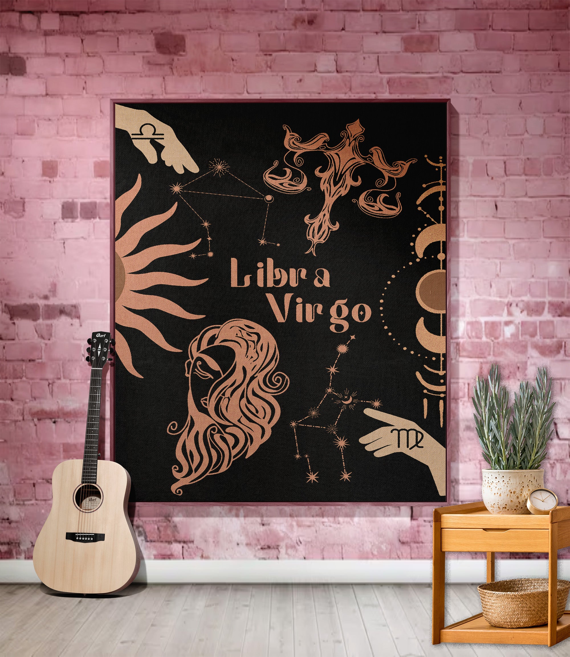 Virgo and Libra Zodiac Compatibility Woven Throw Tapestry - Elevate home decor with this boho-inspired, celestial charm blanket. Perfect for astrology enthusiasts, featuring Virgo and Libra sun signs, adding unique, artistic flair to your living space. Premium cotton, cozy, and decorative.