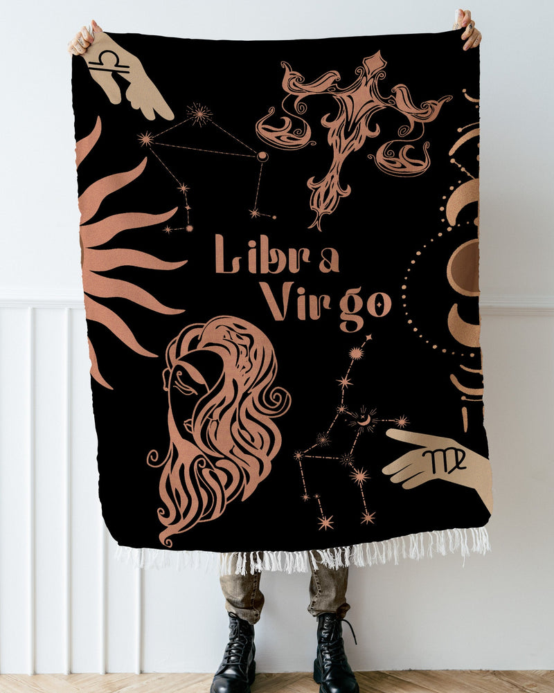 Virgo and Libra Zodiac Compatibility Woven Throw Tapestry - Elevate home decor with this boho-inspired, celestial charm blanket. Perfect for astrology enthusiasts, featuring Virgo and Libra sun signs, adding unique, artistic flair to your living space. Premium cotton, cozy, and decorative.