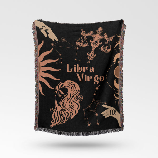 Virgo and Libra Zodiac Compatibility Woven Throw Tapestry - Elevate home decor with this boho-inspired, celestial charm blanket. Perfect for astrology enthusiasts, featuring Virgo and Libra sun signs, adding unique, artistic flair to your living space. Premium cotton, cozy, and decorative.