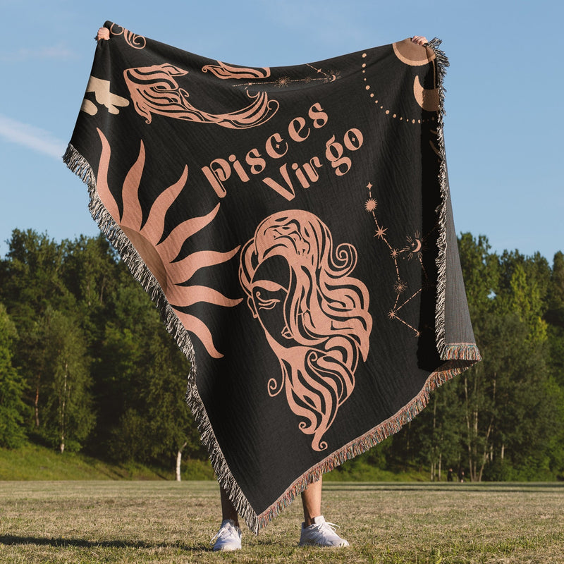 Virgo and Pisces Zodiac Compatibility Woven Throw Tapestry - Elevate home decor with this boho-inspired, celestial charm blanket. Perfect for astrology enthusiasts, featuring Virgo and Pisces sun signs, adding unique, artistic flair to your living space. Premium cotton, cozy, and decorative.