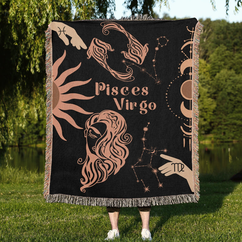 Virgo and Pisces Zodiac Compatibility Woven Throw Tapestry - Elevate home decor with this boho-inspired, celestial charm blanket. Perfect for astrology enthusiasts, featuring Virgo and Pisces sun signs, adding unique, artistic flair to your living space. Premium cotton, cozy, and decorative.