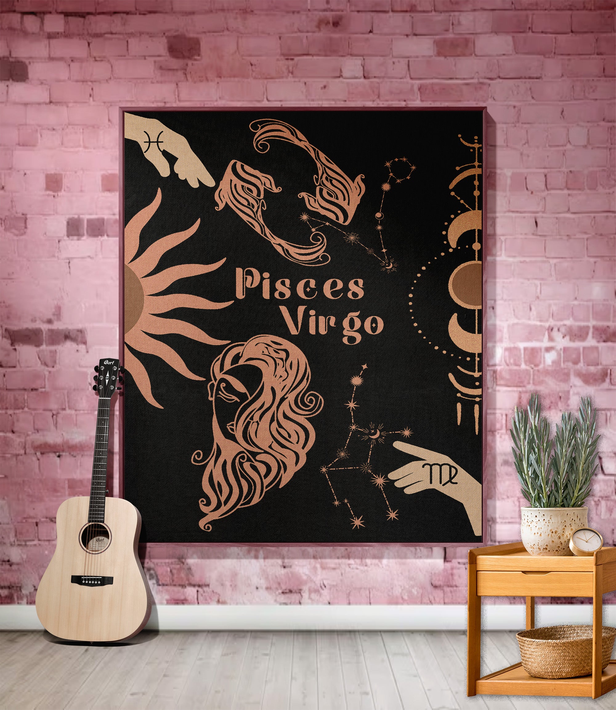 Virgo and Pisces Zodiac Compatibility Woven Throw Tapestry - Elevate home decor with this boho-inspired, celestial charm blanket. Perfect for astrology enthusiasts, featuring Virgo and Pisces sun signs, adding unique, artistic flair to your living space. Premium cotton, cozy, and decorative.