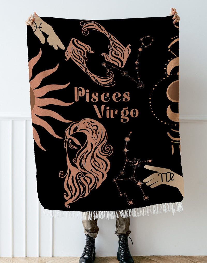 Virgo and Pisces Zodiac Compatibility Woven Throw Tapestry - Elevate home decor with this boho-inspired, celestial charm blanket. Perfect for astrology enthusiasts, featuring Virgo and Pisces sun signs, adding unique, artistic flair to your living space. Premium cotton, cozy, and decorative.