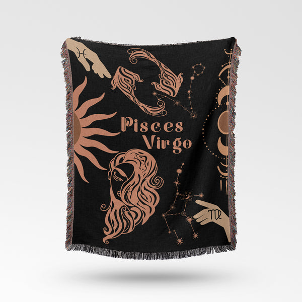 Virgo and Pisces Zodiac Compatibility Woven Throw Tapestry - Elevate home decor with this boho-inspired, celestial charm blanket. Perfect for astrology enthusiasts, featuring Virgo and Pisces sun signs, adding unique, artistic flair to your living space. Premium cotton, cozy, and decorative.