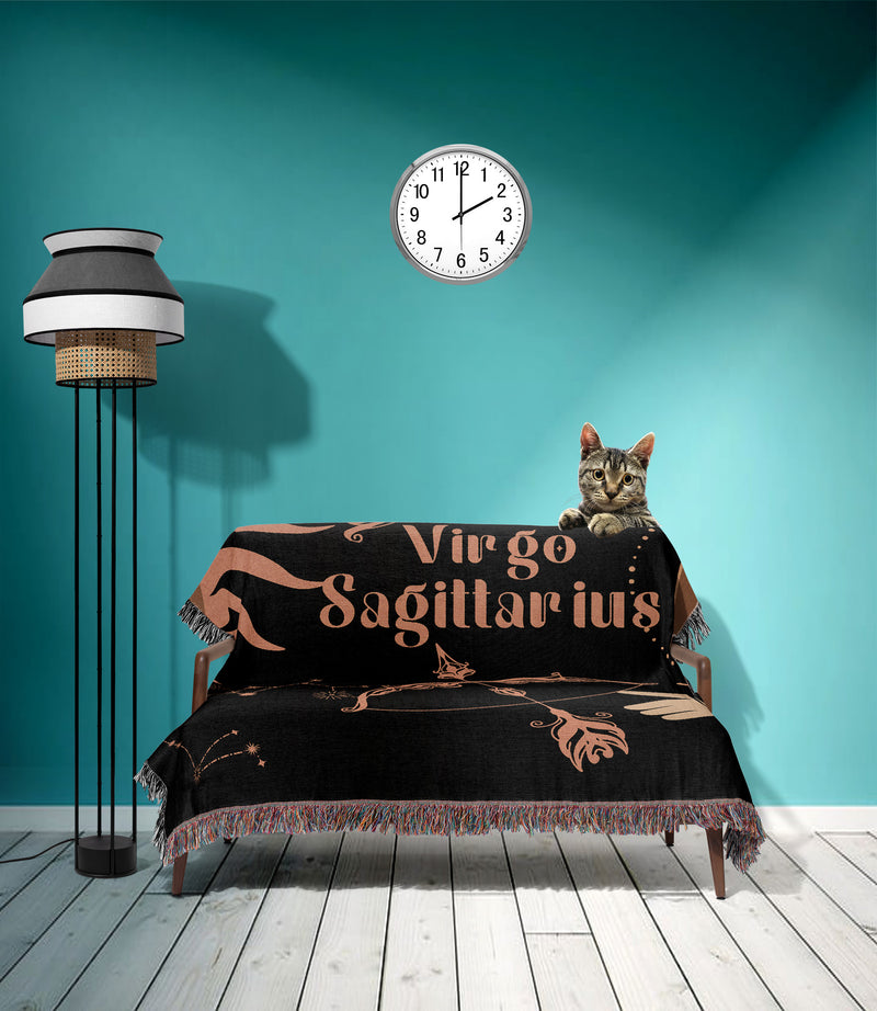 Virgo and Sagittarius Zodiac Compatibility Woven Throw Tapestry - Elevate home decor with this boho-inspired, celestial charm blanket. Perfect for astrology enthusiasts, featuring Virgo and Sagittarius sun signs, adding unique, artistic flair to your living space. Premium cotton, cozy, and decorative.