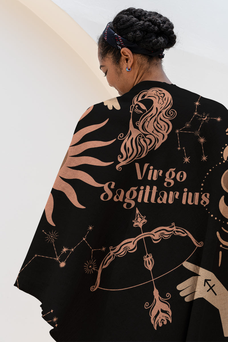 Virgo and Sagittarius Zodiac Compatibility Woven Throw Tapestry - Elevate home decor with this boho-inspired, celestial charm blanket. Perfect for astrology enthusiasts, featuring Virgo and Sagittarius sun signs, adding unique, artistic flair to your living space. Premium cotton, cozy, and decorative.