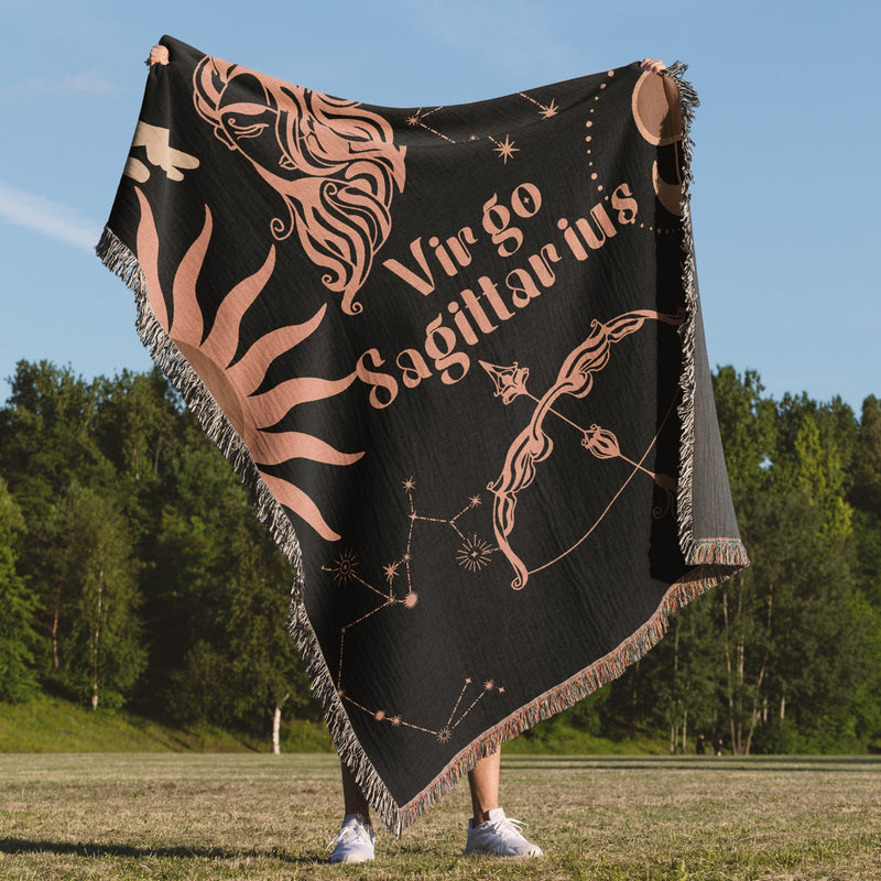 Virgo and Sagittarius Zodiac Compatibility Woven Throw Tapestry - Elevate home decor with this boho-inspired, celestial charm blanket. Perfect for astrology enthusiasts, featuring Virgo and Sagittarius sun signs, adding unique, artistic flair to your living space. Premium cotton, cozy, and decorative.