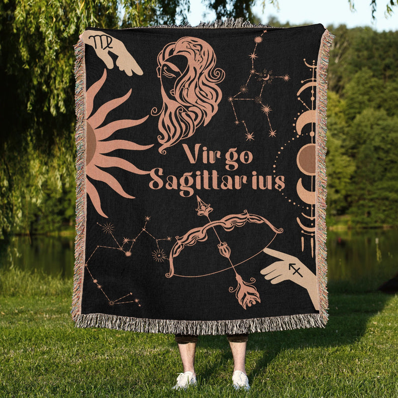 Virgo and Sagittarius Zodiac Compatibility Woven Throw Tapestry - Elevate home decor with this boho-inspired, celestial charm blanket. Perfect for astrology enthusiasts, featuring Virgo and Sagittarius sun signs, adding unique, artistic flair to your living space. Premium cotton, cozy, and decorative.