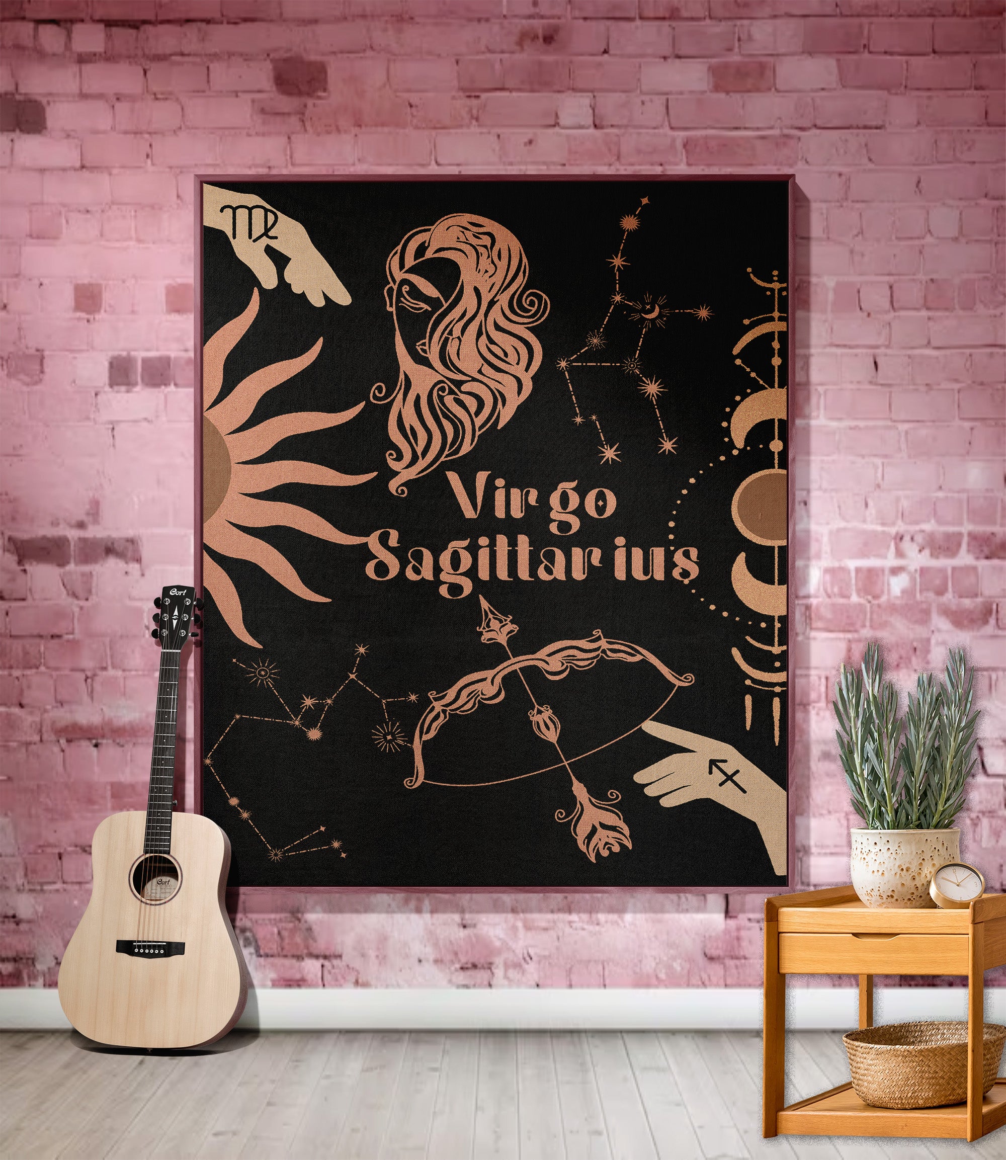 Virgo and Sagittarius Zodiac Compatibility Woven Throw Tapestry - Elevate home decor with this boho-inspired, celestial charm blanket. Perfect for astrology enthusiasts, featuring Virgo and Sagittarius sun signs, adding unique, artistic flair to your living space. Premium cotton, cozy, and decorative.