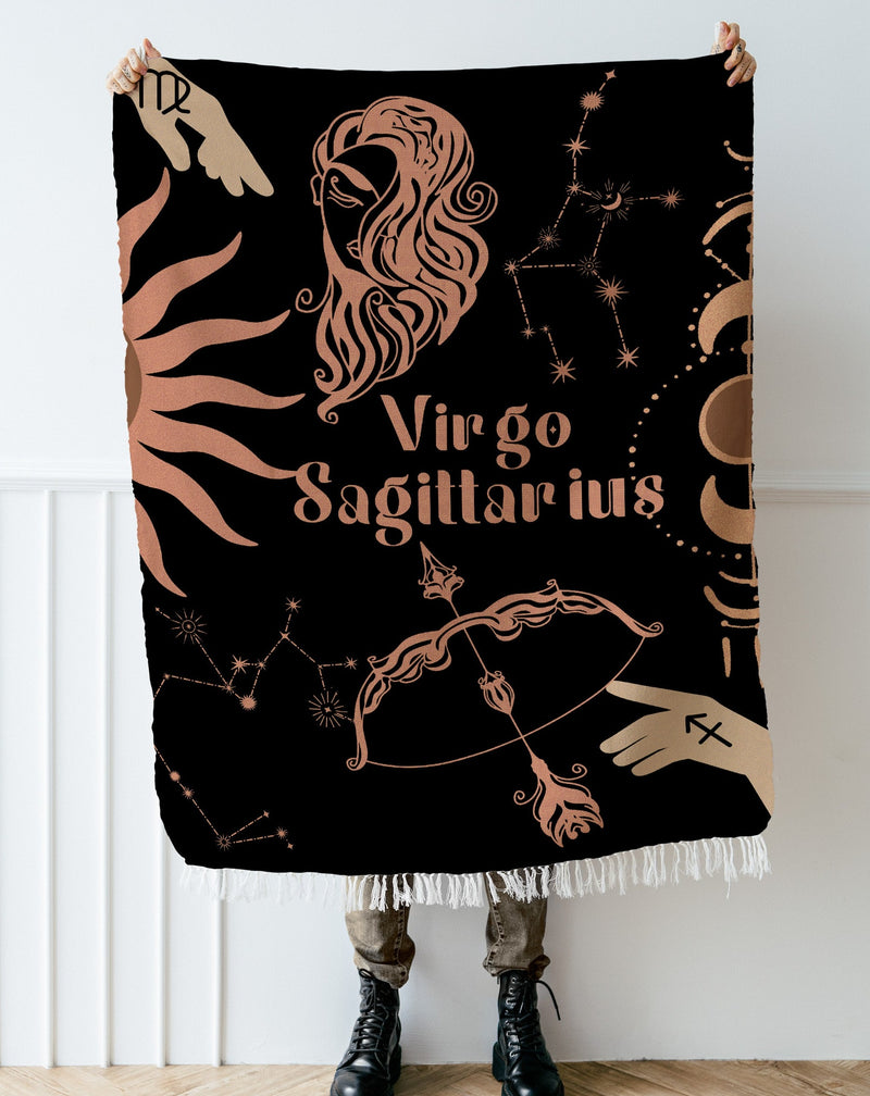 Virgo and Sagittarius Zodiac Compatibility Woven Throw Tapestry - Elevate home decor with this boho-inspired, celestial charm blanket. Perfect for astrology enthusiasts, featuring Virgo and Sagittarius sun signs, adding unique, artistic flair to your living space. Premium cotton, cozy, and decorative.