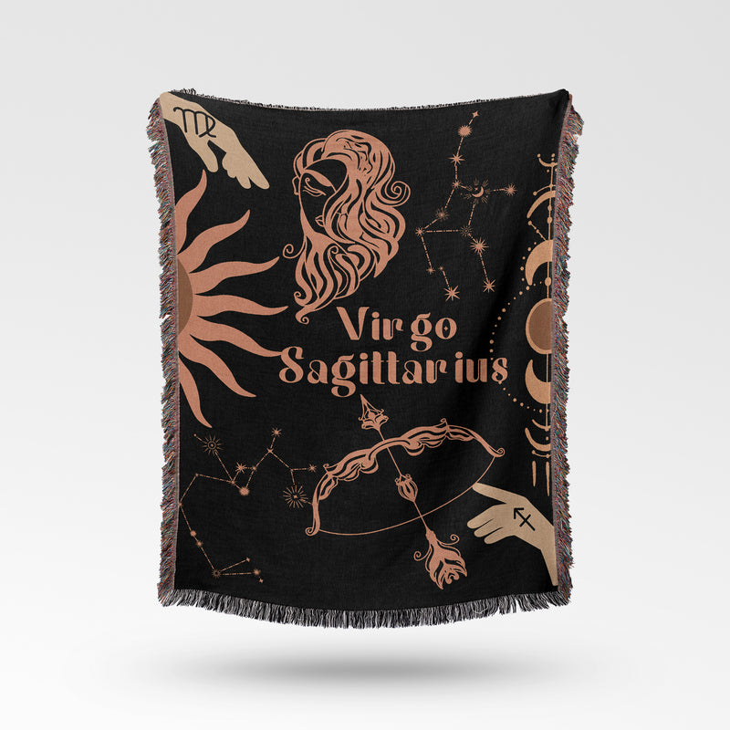 Virgo and Sagittarius Zodiac Compatibility Woven Throw Tapestry - Elevate home decor with this boho-inspired, celestial charm blanket. Perfect for astrology enthusiasts, featuring Virgo and Sagittarius sun signs, adding unique, artistic flair to your living space. Premium cotton, cozy, and decorative.