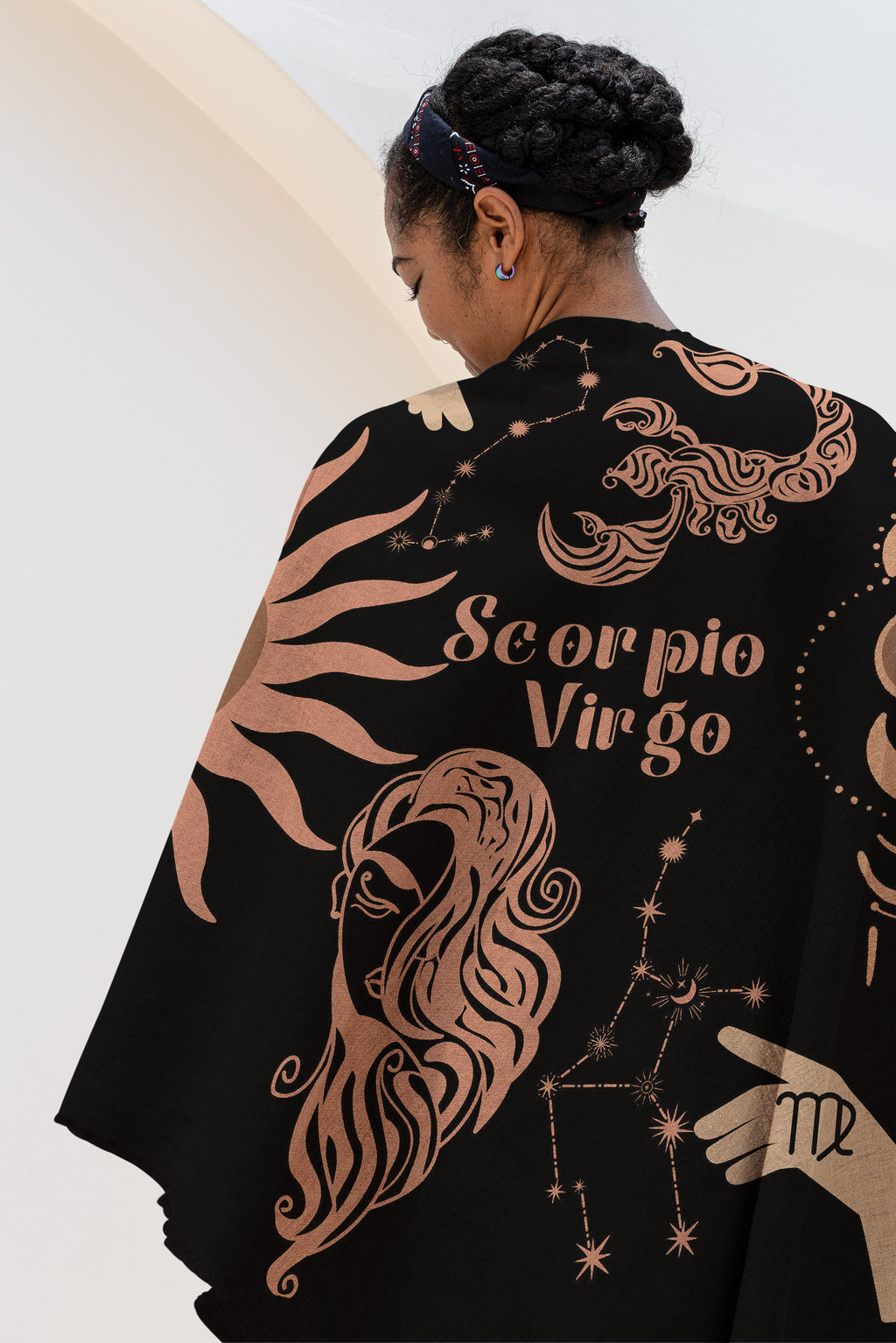 Virgo and Scorpio Zodiac Compatibility Woven Throw Tapestry - Elevate home decor with this boho-inspired, celestial charm blanket. Perfect for astrology enthusiasts, featuring Virgo and Scorpio sun signs, adding unique, artistic flair to your living space. Premium cotton, cozy, and decorative.