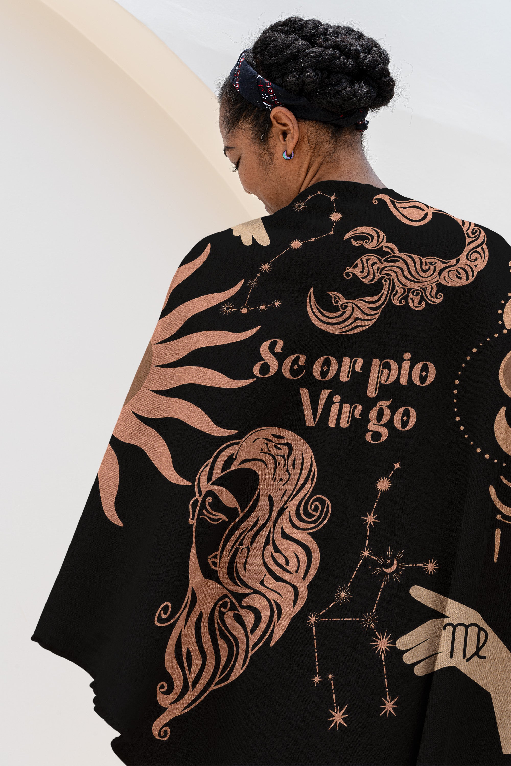 Virgo and Scorpio Zodiac Compatibility Woven Throw Tapestry - Elevate home decor with this boho-inspired, celestial charm blanket. Perfect for astrology enthusiasts, featuring Virgo and Scorpio sun signs, adding unique, artistic flair to your living space. Premium cotton, cozy, and decorative.