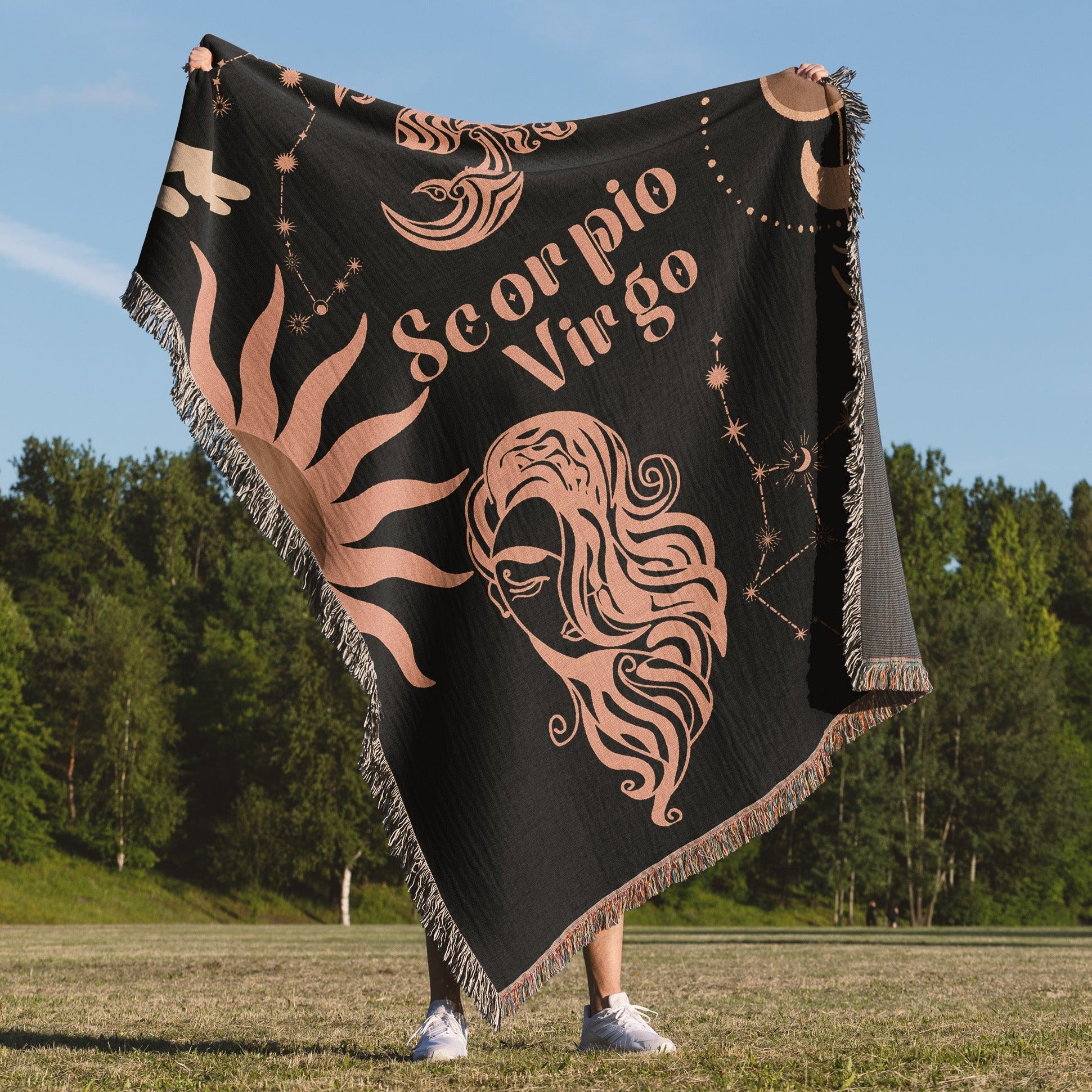 Virgo and Scorpio Zodiac Compatibility Woven Throw Tapestry - Elevate home decor with this boho-inspired, celestial charm blanket. Perfect for astrology enthusiasts, featuring Virgo and Scorpio sun signs, adding unique, artistic flair to your living space. Premium cotton, cozy, and decorative.