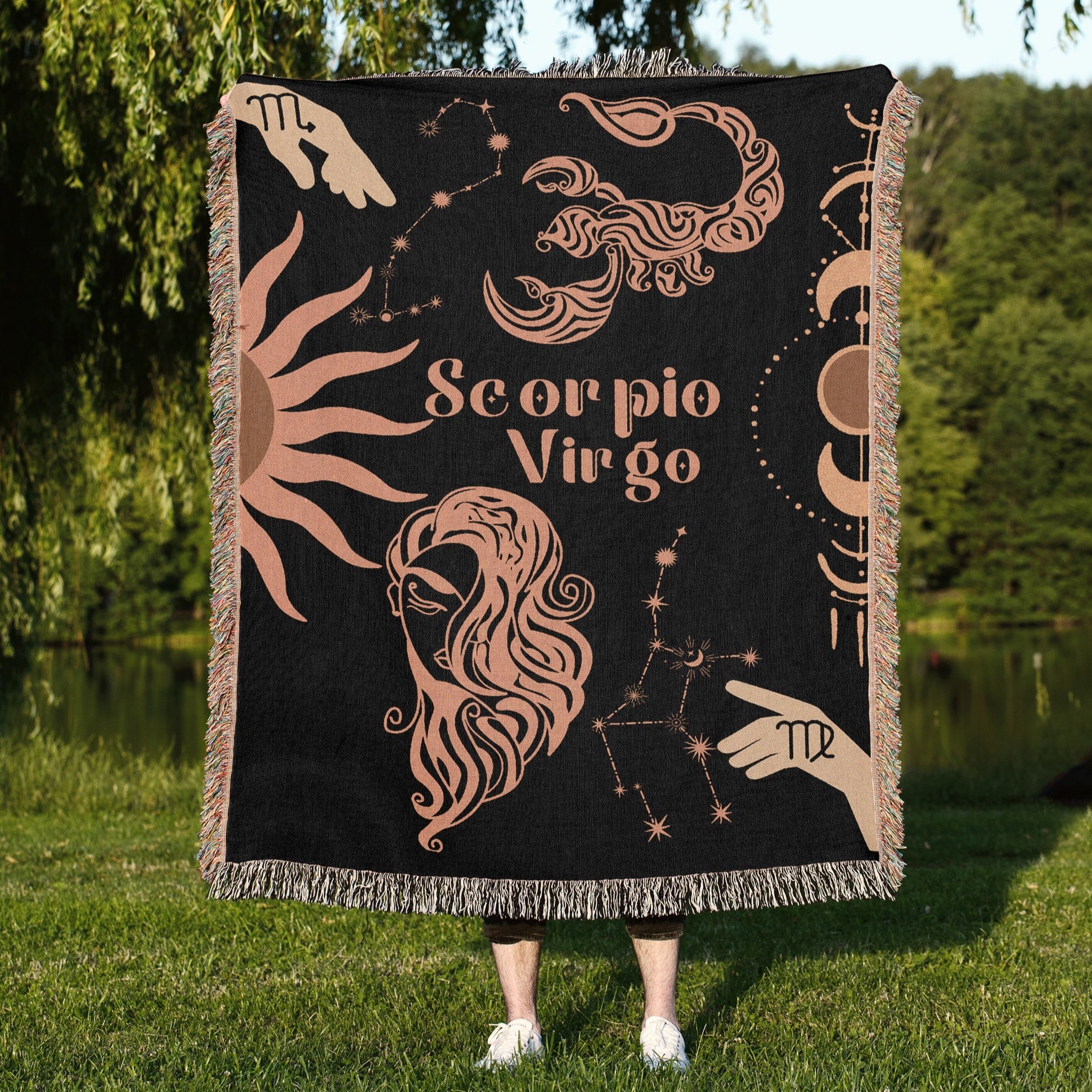 Virgo and Scorpio Zodiac Compatibility Woven Throw Tapestry - Elevate home decor with this boho-inspired, celestial charm blanket. Perfect for astrology enthusiasts, featuring Virgo and Scorpio sun signs, adding unique, artistic flair to your living space. Premium cotton, cozy, and decorative.