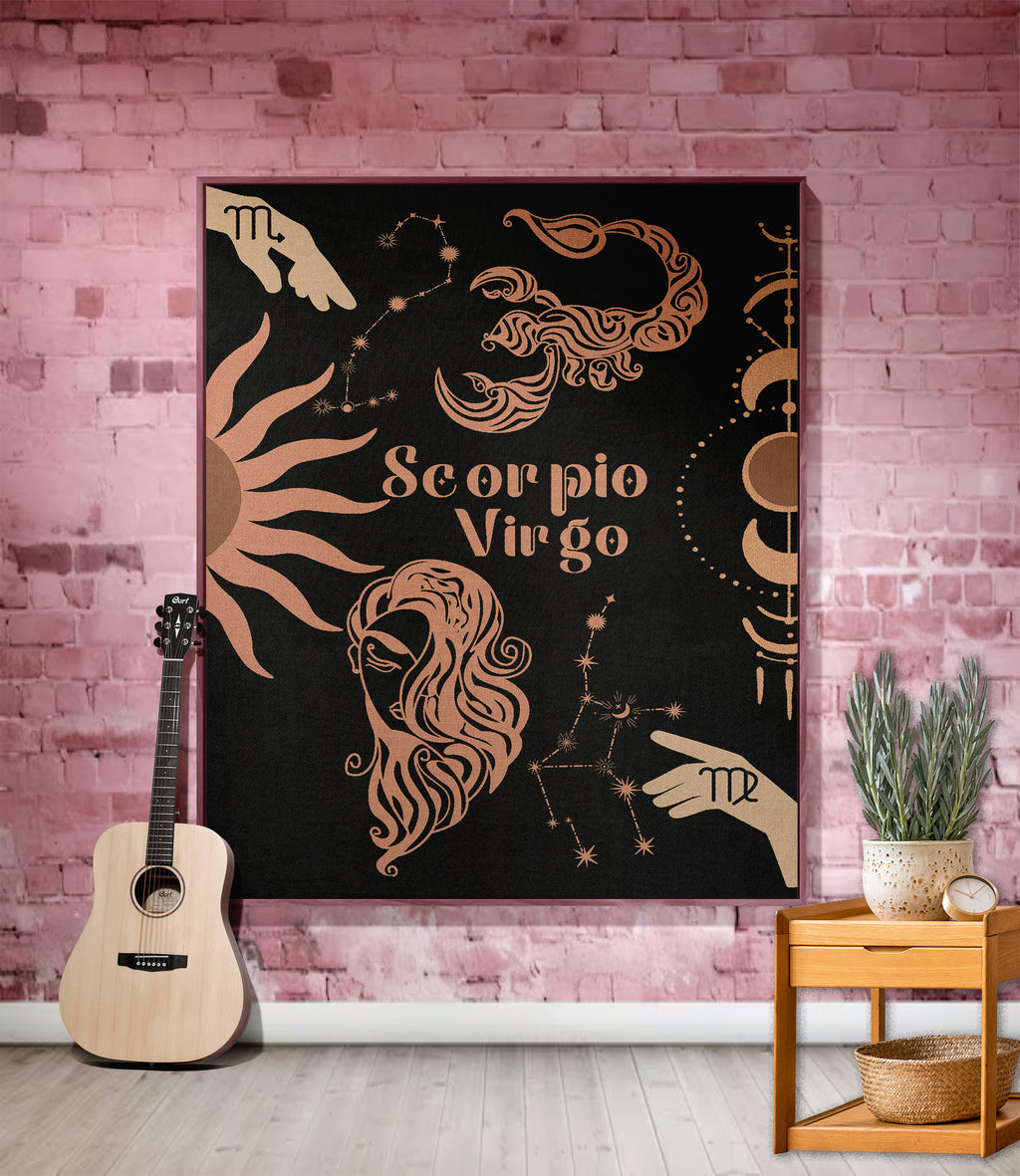 Virgo and Scorpio Zodiac Compatibility Woven Throw Tapestry - Elevate home decor with this boho-inspired, celestial charm blanket. Perfect for astrology enthusiasts, featuring Virgo and Scorpio sun signs, adding unique, artistic flair to your living space. Premium cotton, cozy, and decorative.