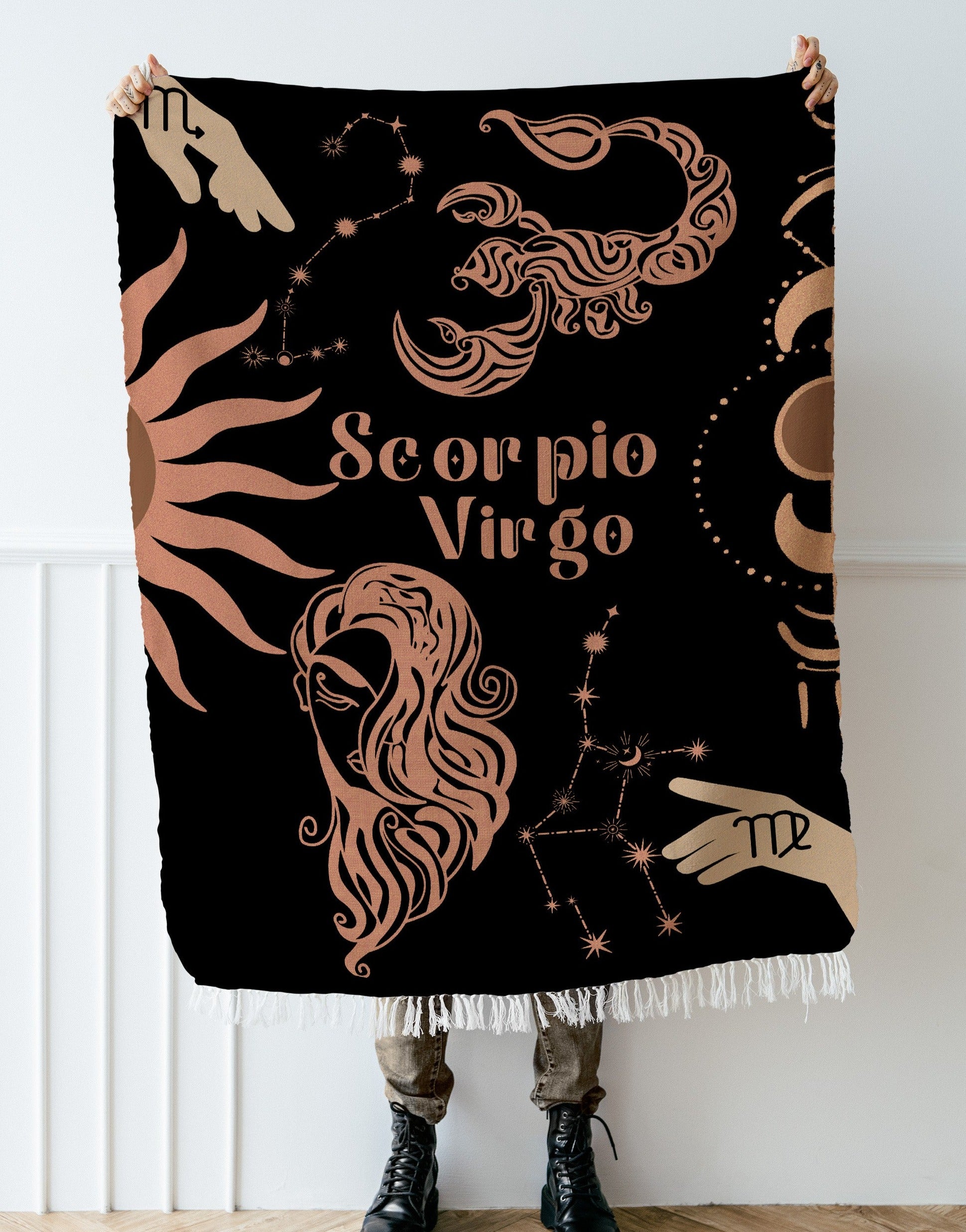 Virgo and Scorpio Zodiac Compatibility Woven Throw Tapestry - Elevate home decor with this boho-inspired, celestial charm blanket. Perfect for astrology enthusiasts, featuring Virgo and Scorpio sun signs, adding unique, artistic flair to your living space. Premium cotton, cozy, and decorative.