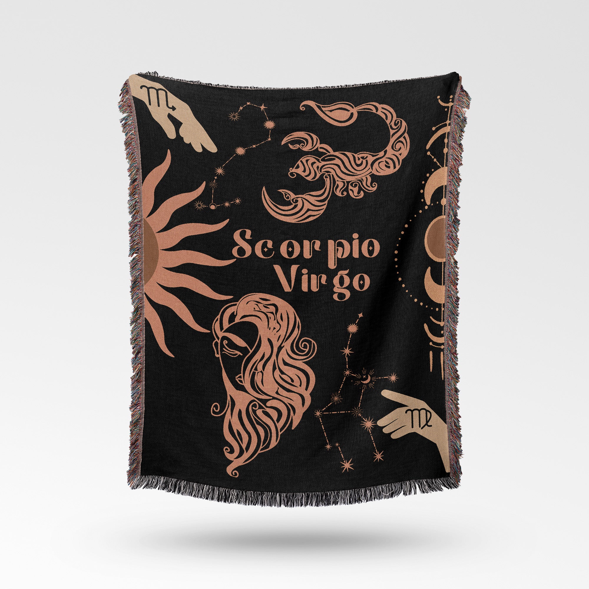 Virgo and Scorpio Zodiac Compatibility Woven Throw Tapestry - Elevate home decor with this boho-inspired, celestial charm blanket. Perfect for astrology enthusiasts, featuring Virgo and Scorpio sun signs, adding unique, artistic flair to your living space. Premium cotton, cozy, and decorative.