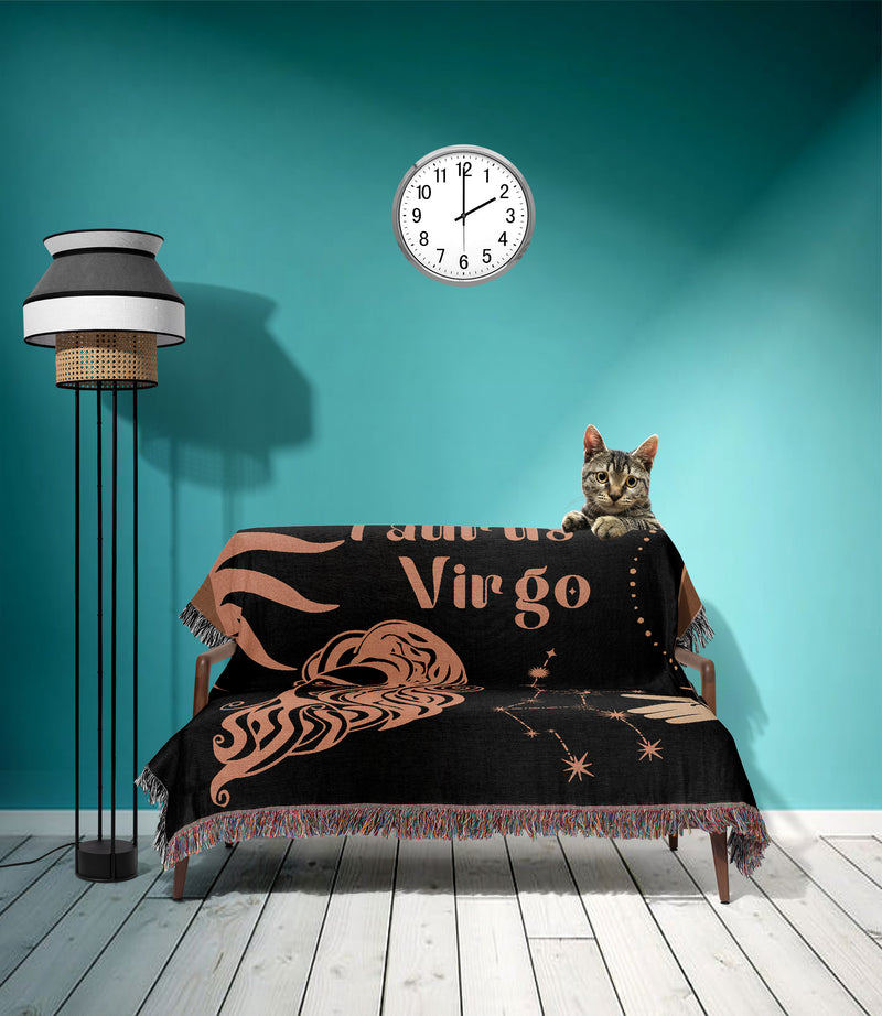 Virgo and Taurus Zodiac Compatibility Woven Throw Tapestry - Elevate home decor with this boho-inspired, celestial charm blanket. Perfect for astrology enthusiasts, featuring Virgo and Taurus sun signs, adding unique, artistic flair to your living space. Premium cotton, cozy, and decorative.