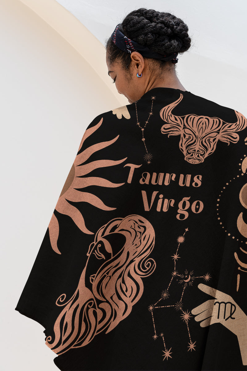 Virgo and Taurus Zodiac Compatibility Woven Throw Tapestry - Elevate home decor with this boho-inspired, celestial charm blanket. Perfect for astrology enthusiasts, featuring Virgo and Taurus sun signs, adding unique, artistic flair to your living space. Premium cotton, cozy, and decorative.