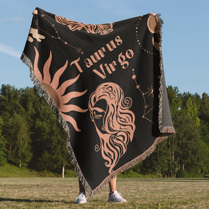 Virgo and Taurus Zodiac Compatibility Woven Throw Tapestry - Elevate home decor with this boho-inspired, celestial charm blanket. Perfect for astrology enthusiasts, featuring Virgo and Taurus sun signs, adding unique, artistic flair to your living space. Premium cotton, cozy, and decorative.