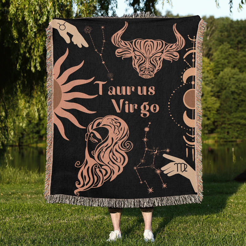 Virgo and Taurus Zodiac Compatibility Woven Throw Tapestry - Elevate home decor with this boho-inspired, celestial charm blanket. Perfect for astrology enthusiasts, featuring Virgo and Taurus sun signs, adding unique, artistic flair to your living space. Premium cotton, cozy, and decorative.