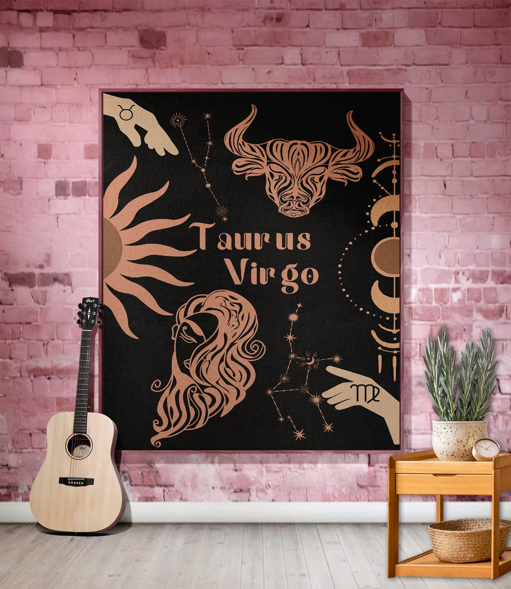 Virgo and Taurus Zodiac Compatibility Woven Throw Tapestry - Elevate home decor with this boho-inspired, celestial charm blanket. Perfect for astrology enthusiasts, featuring Virgo and Taurus sun signs, adding unique, artistic flair to your living space. Premium cotton, cozy, and decorative.