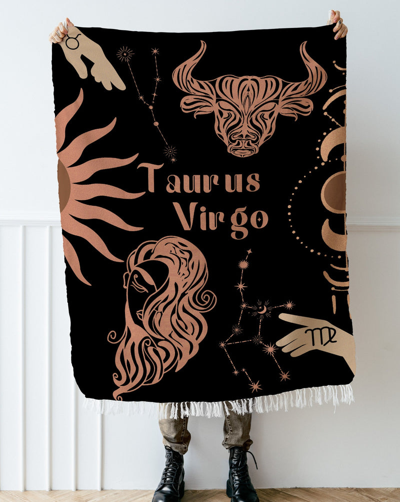 Virgo and Taurus Zodiac Compatibility Woven Throw Tapestry - Elevate home decor with this boho-inspired, celestial charm blanket. Perfect for astrology enthusiasts, featuring Virgo and Taurus sun signs, adding unique, artistic flair to your living space. Premium cotton, cozy, and decorative.