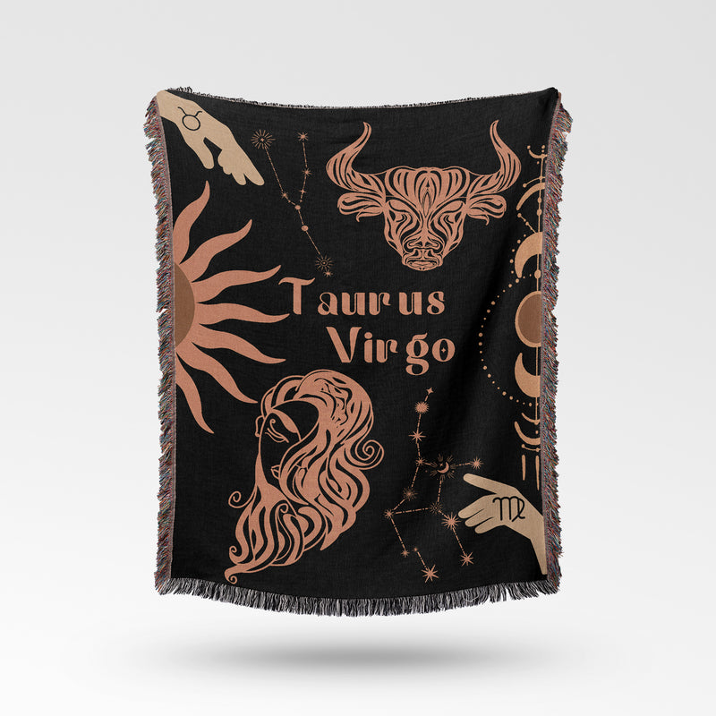 Virgo and Taurus Zodiac Compatibility Woven Throw Tapestry - Elevate home decor with this boho-inspired, celestial charm blanket. Perfect for astrology enthusiasts, featuring Virgo and Taurus sun signs, adding unique, artistic flair to your living space. Premium cotton, cozy, and decorative.